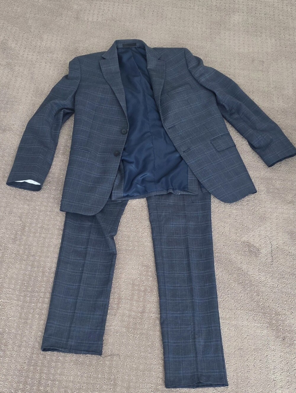 Boys Blue Windowpane Two-Piece Suit Jacket and Trousers.